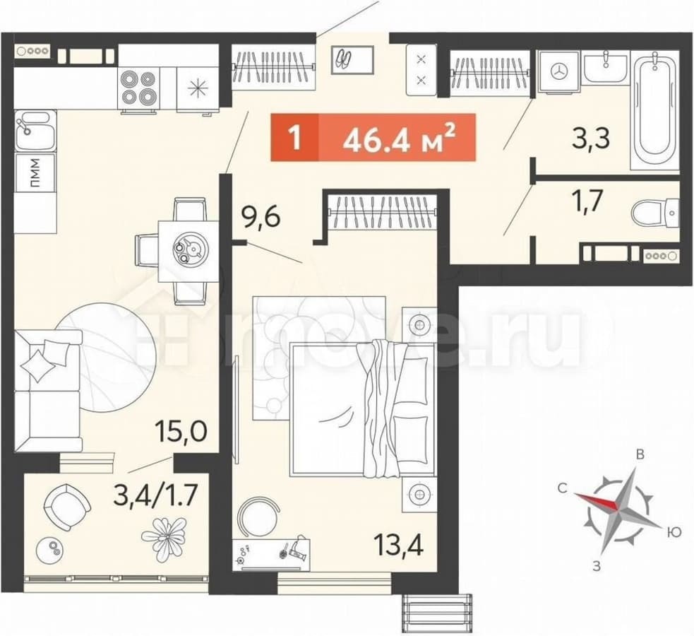 1-комн. квартира, 46.4 м²